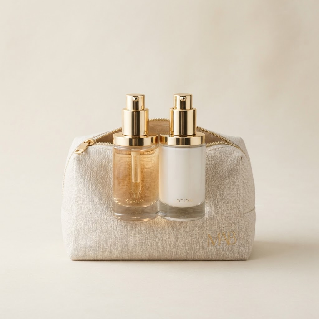 Fabric Travel Pouch with Glass Pump Bottle Set