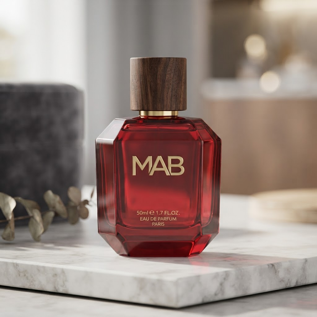 MAB deep red glass perfume bottle with wooden cap on marble
