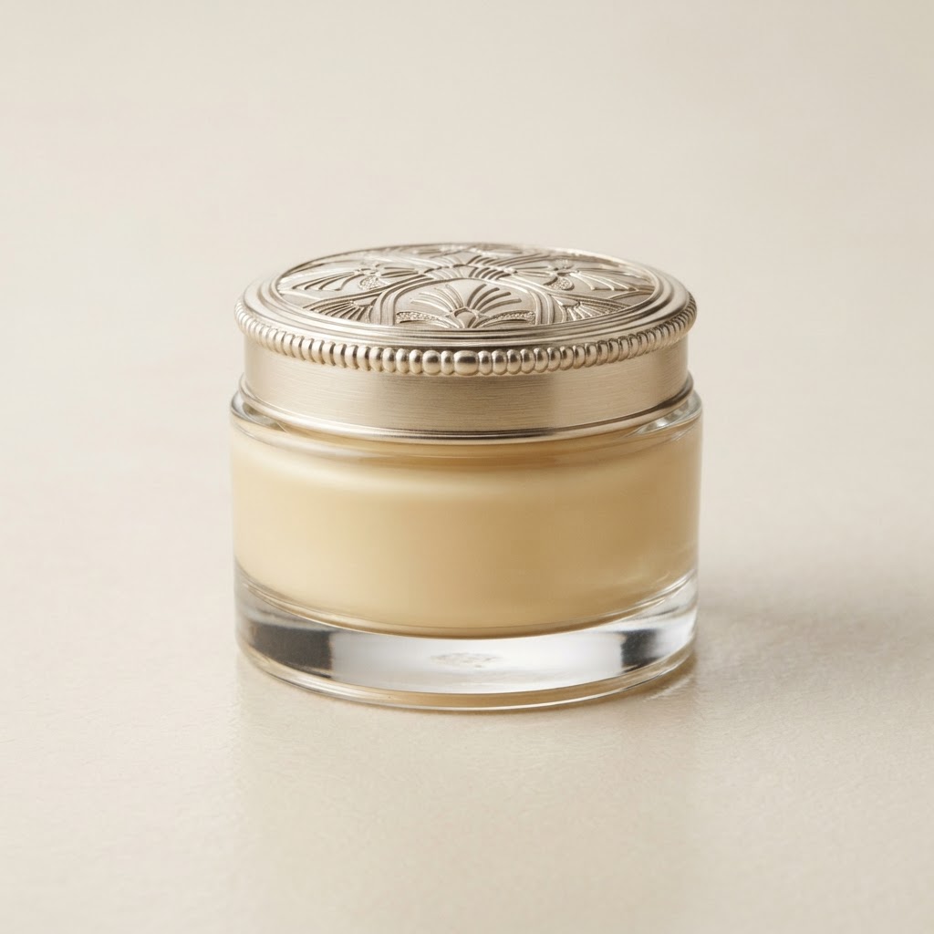 Round Clear Glass Cosmetic Jar with Decorative Metallic Lid