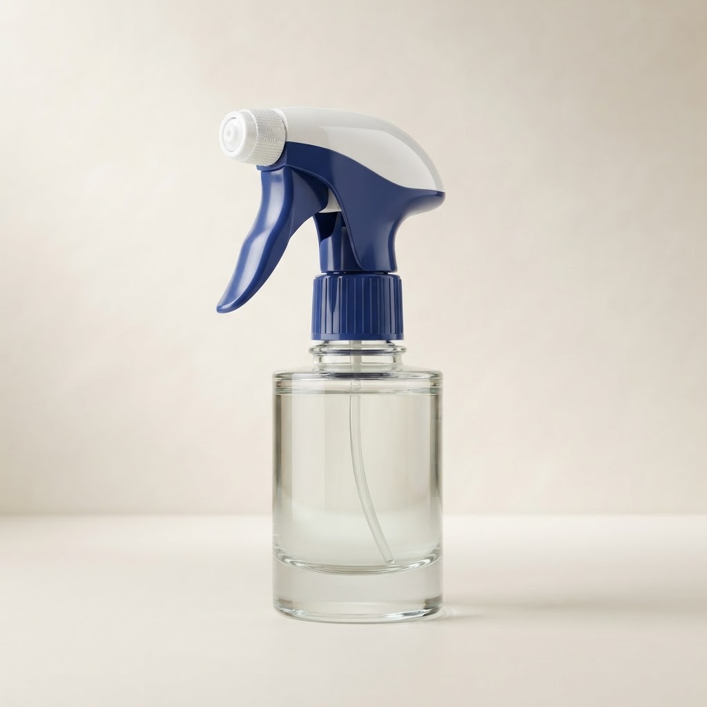Round Glass Bottle with Blue and White Trigger Sprayer