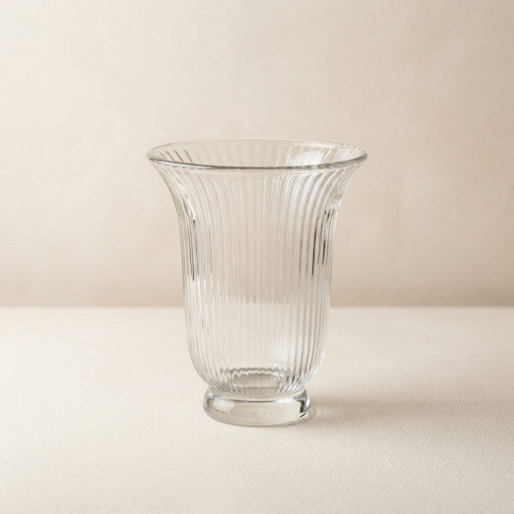 Wide-Mouth Ribbed Glass Vase