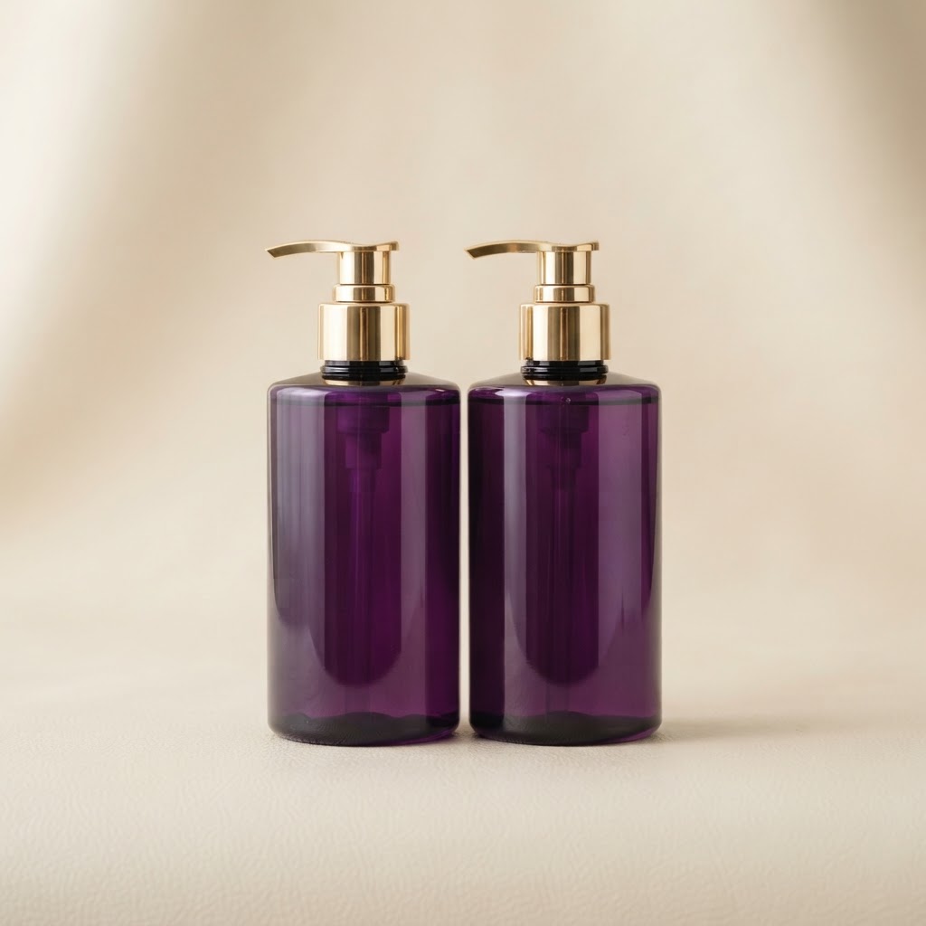 Purple PET Bottle with Gold Lotion Pump Set