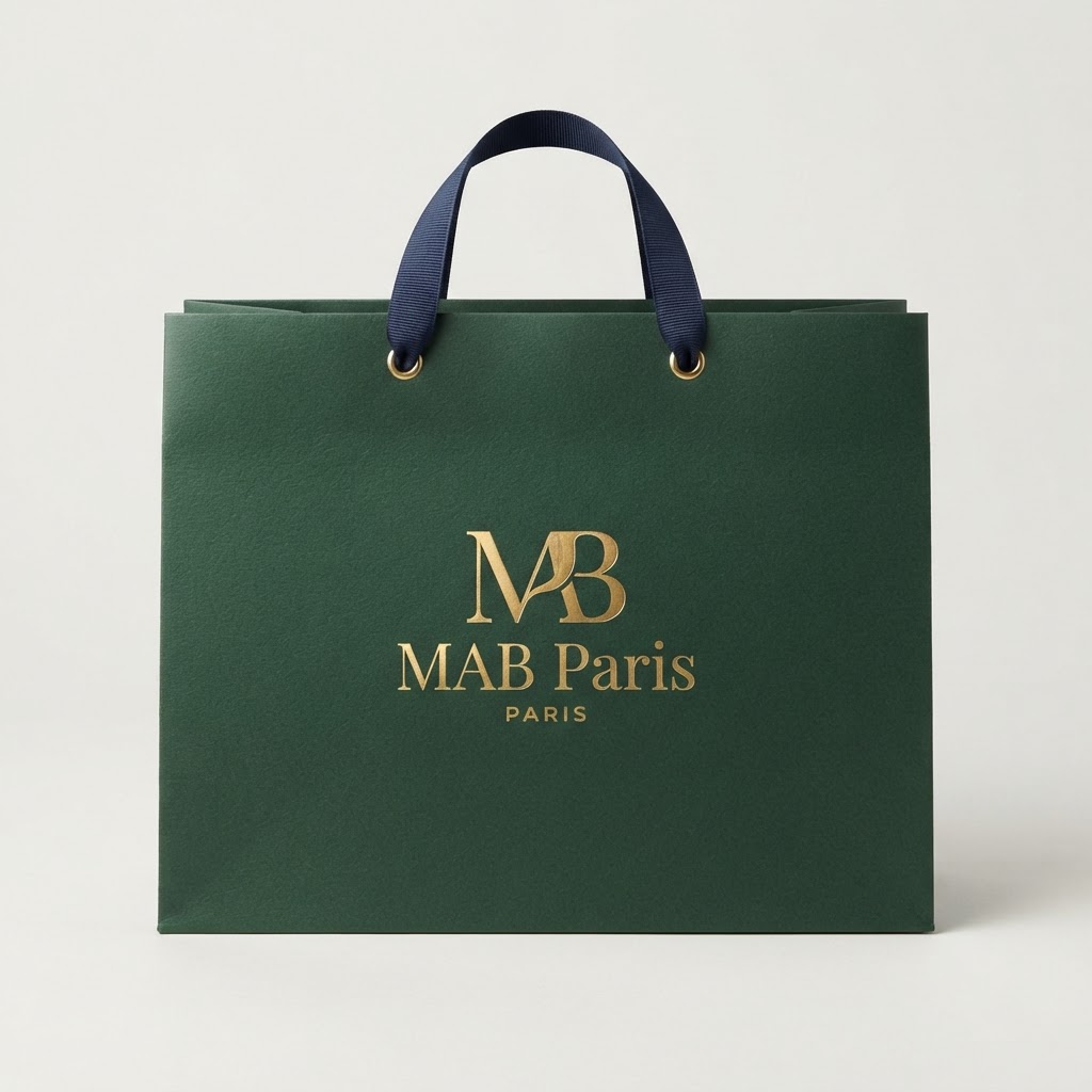 Green Paper Shopping Bag with Navy Ribbon Handles and Gold Foil Logo