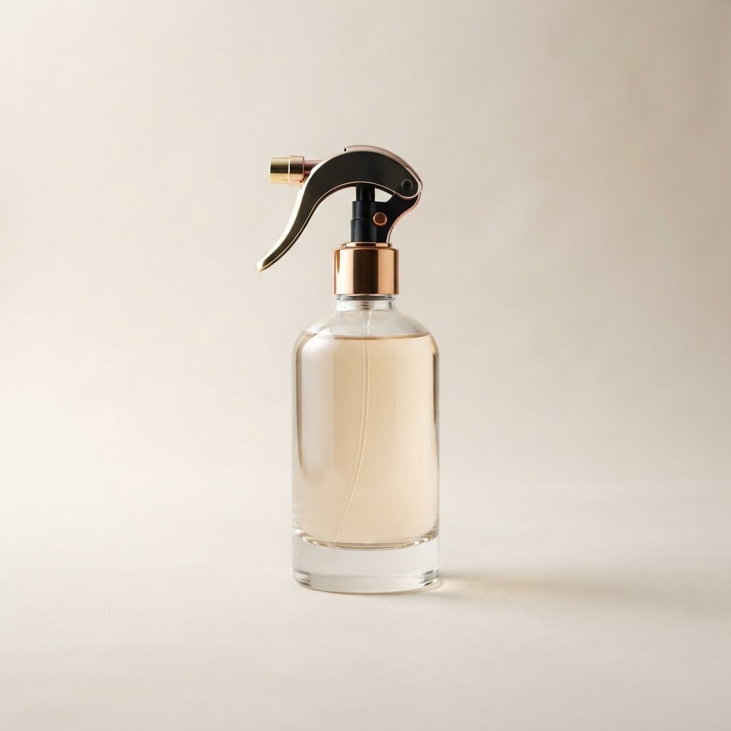 Round Clear Glass Bottle with Rose Gold Trigger Sprayer