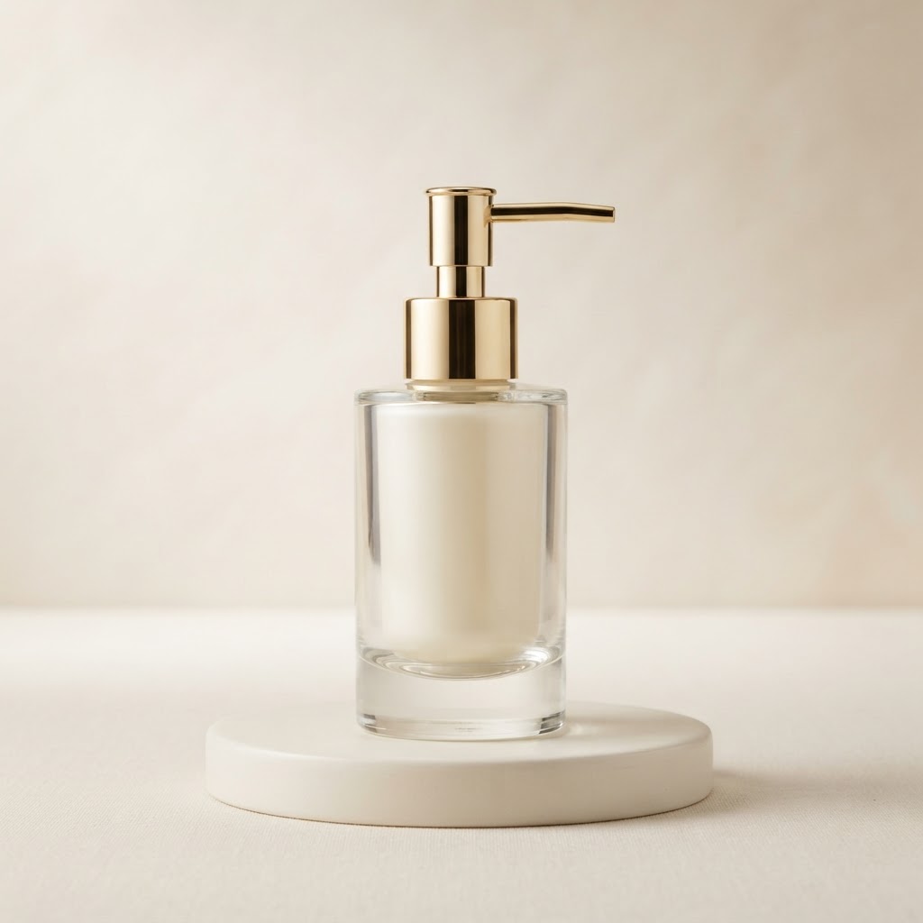 Round Glass Bottle with Gold Pump