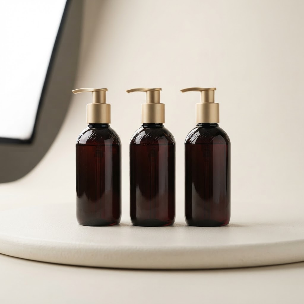 Round Amber PET Bottle Set with Gold Pumps