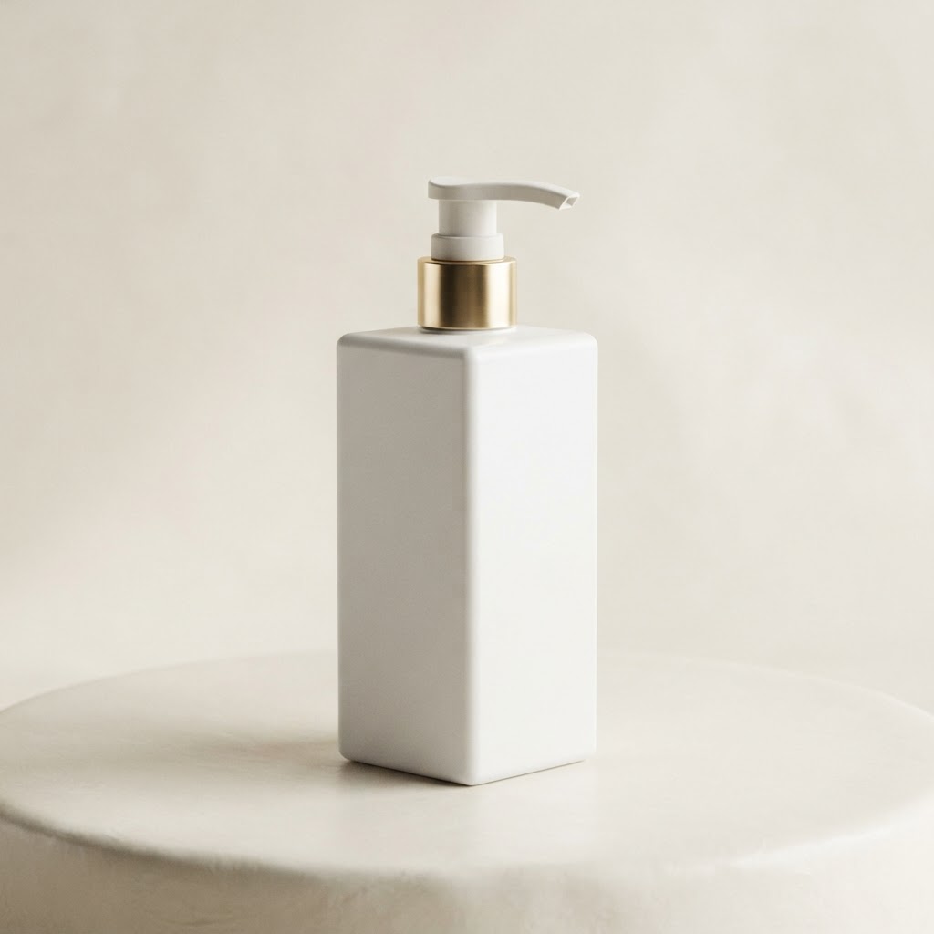 Square White HDPE Bottle with White and Gold Lotion Pump