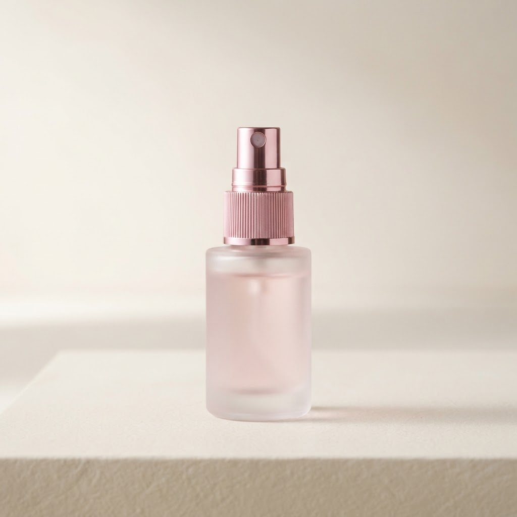 Round Frosted Glass Bottle with Pink Fine Mist Sprayer