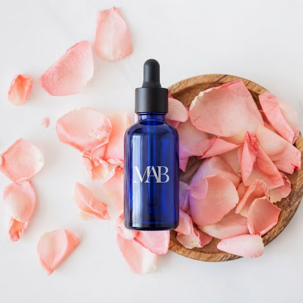 MAB cobalt blue glass dropper bottle on rose petals