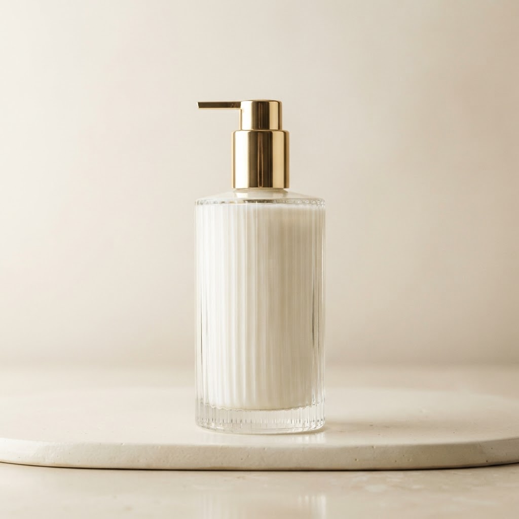 Ribbed Glass Pump Bottle with Gold Dispenser