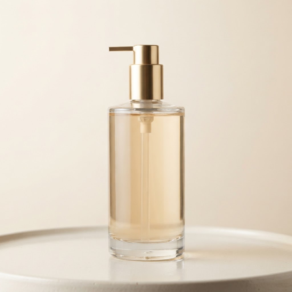 Round Clear Glass Bottle with Gold Lotion Pump