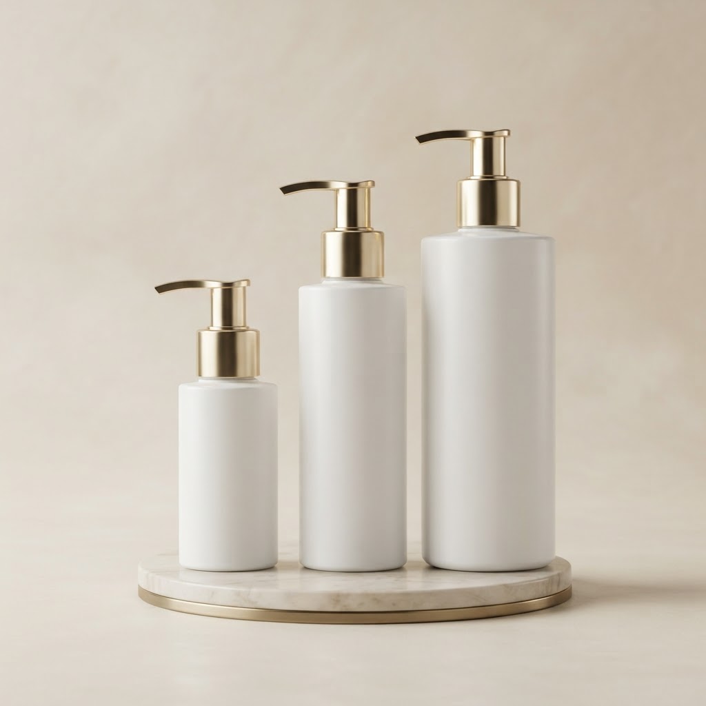 Cylindrical White PET Pump Bottle with Gold Dispenser