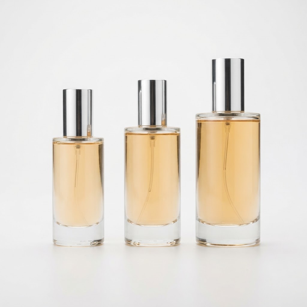 T6647 Cylindrical Clear Glass Perfume Bottle Set with Silver Caps