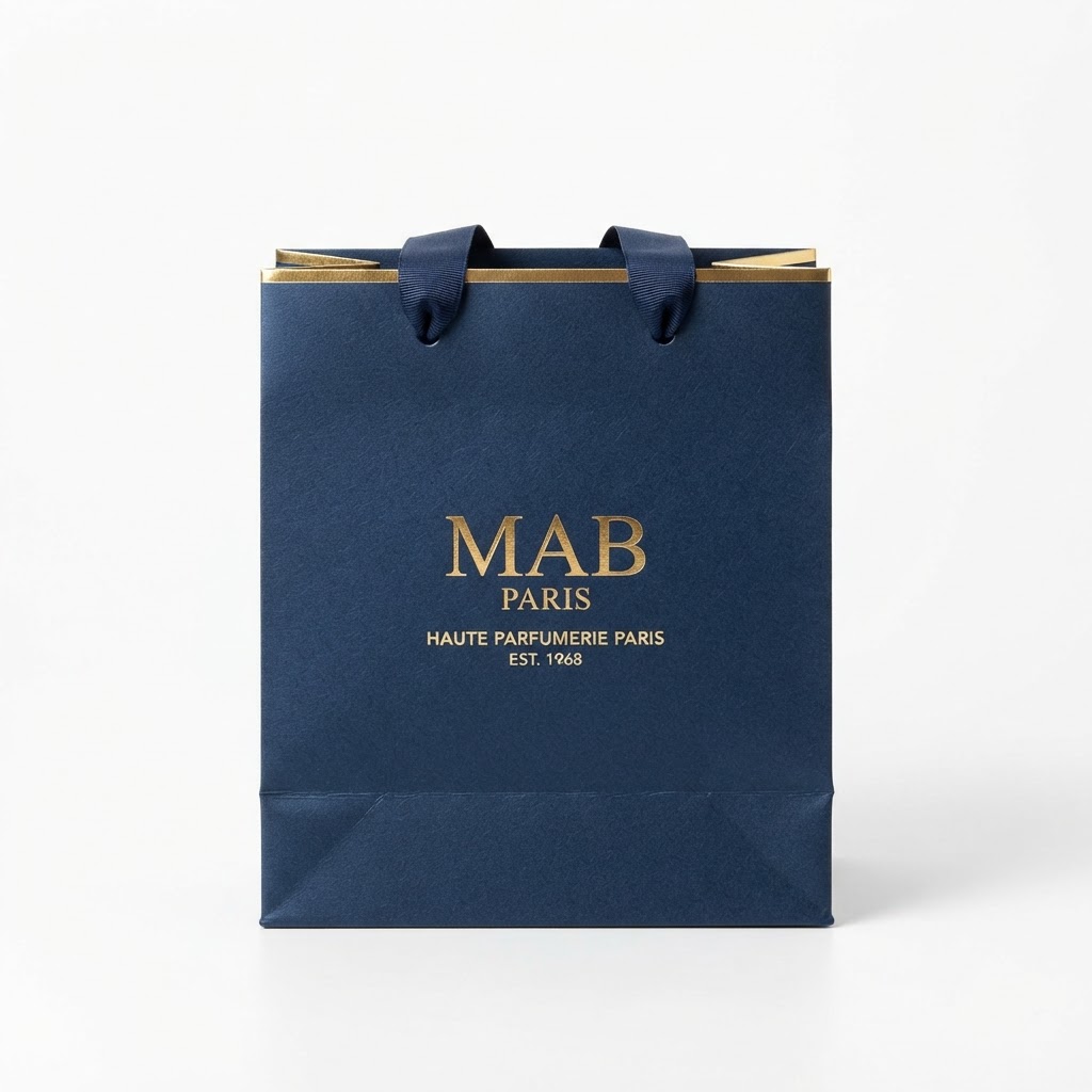 Navy Blue Paper Gift Bag with Navy Ribbon Handles and Gold Foil Logo