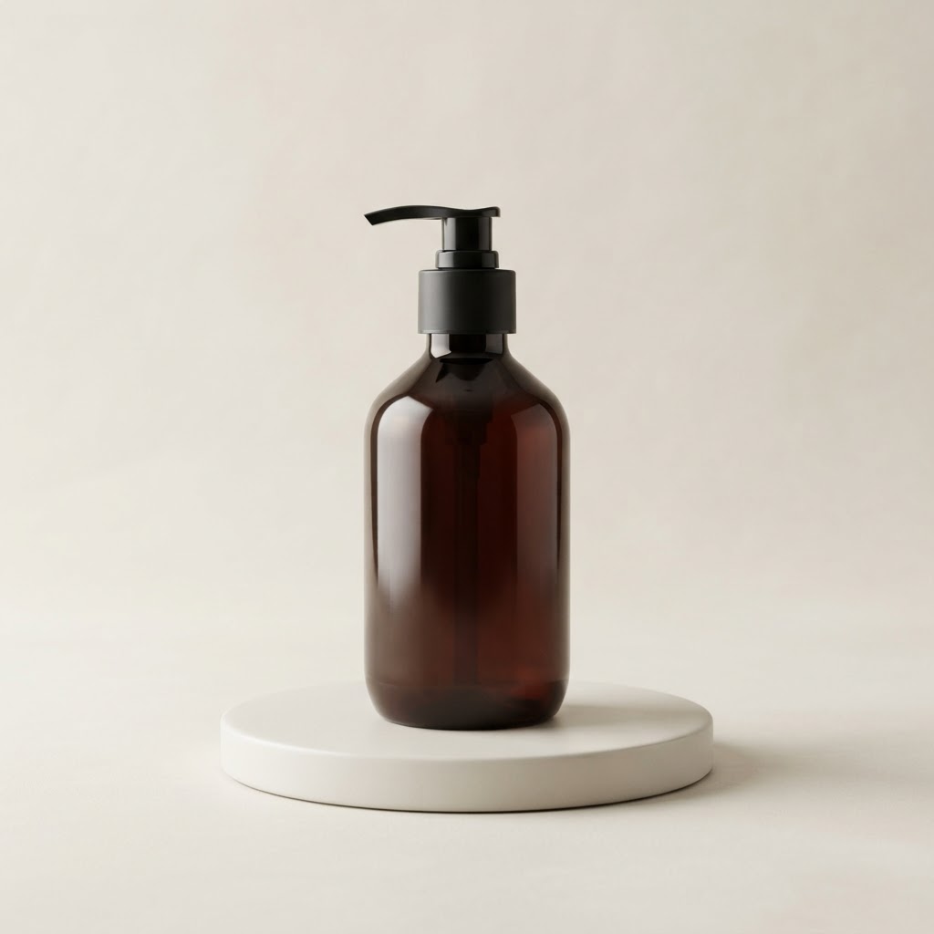 Round Amber PET Pump Bottle with Black Dispenser