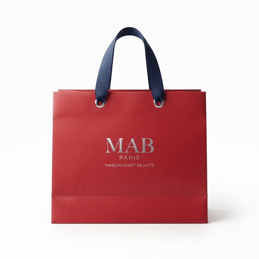 Red Paper Shopping Bag with Navy Ribbon Handles and Silver Foil Logo