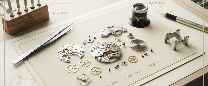 Master watchmaker workbench with tools and gears