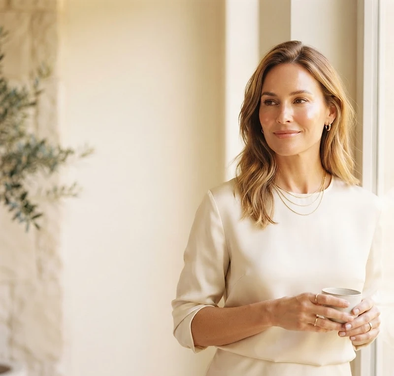A serene woman radiating health and vitality in warm natural light