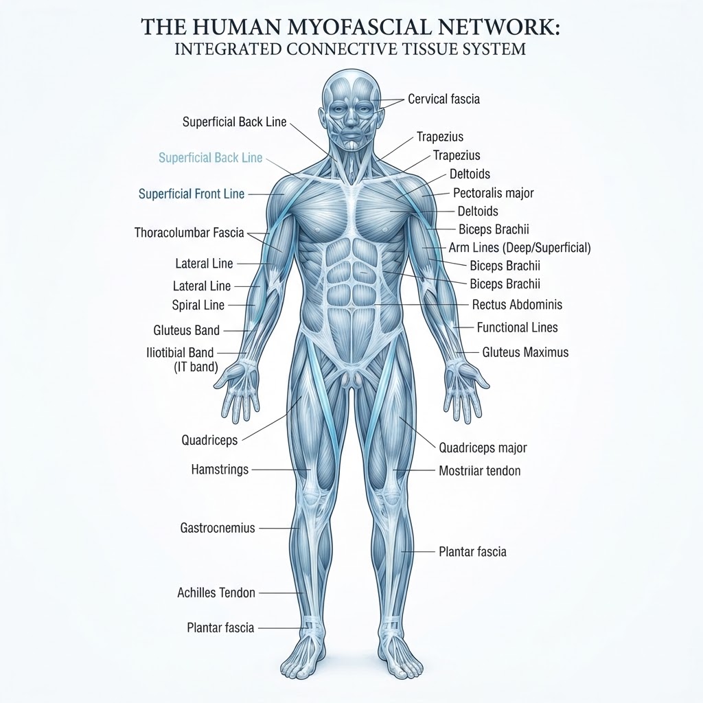 Full body illustration of the human fascia network