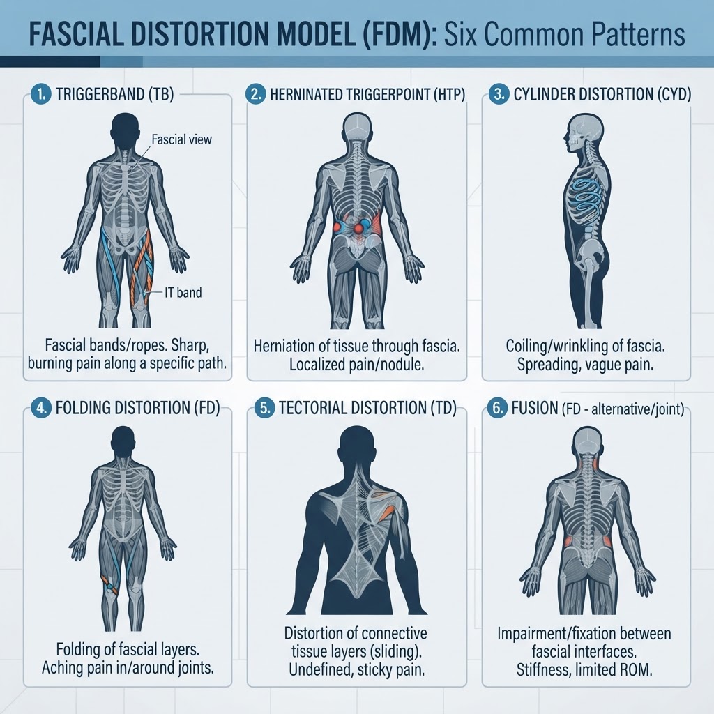 Infographic of six fascial distortion patterns