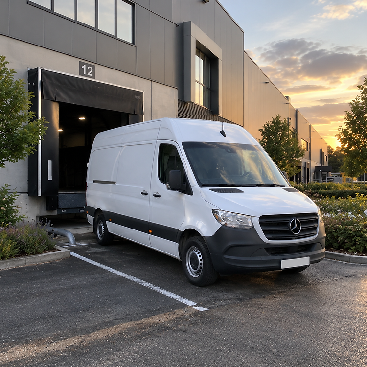 Pennine Couriers white Mercedes Sprinter van at a warehouse loading dock at sunset