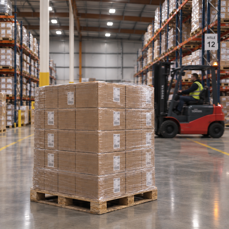 Wooden pallet stacked with shrink-wrapped cardboard boxes in a warehouse