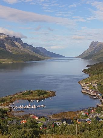 Ersfjorden in summer with calm water and green mountains under the Midnight Sun