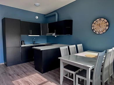 Kitchen and dining area with matte black cabinetry in a fjordside apartment at Ersfjordbotn Brygge