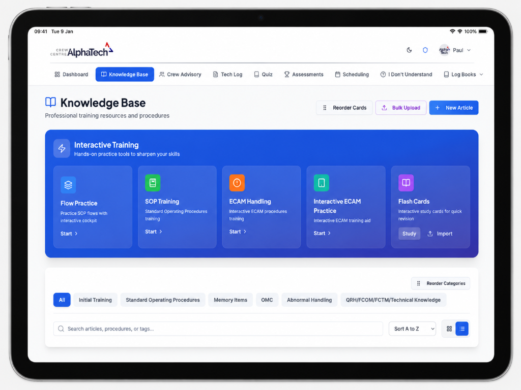 CrewCentre Knowledge Base dashboard on iPad