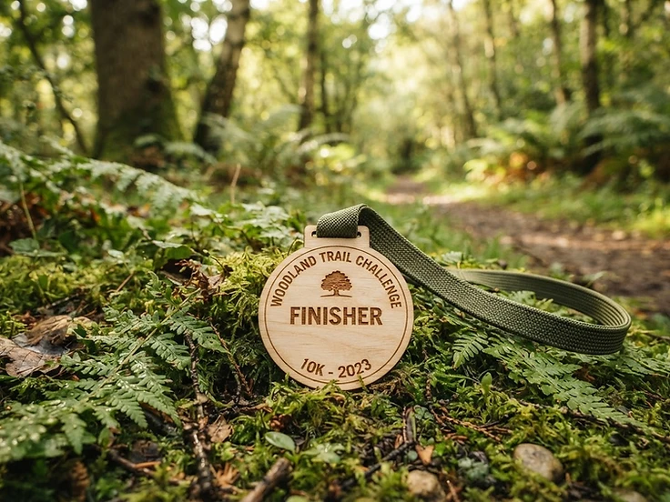 Wooden finisher medal resting on forest moss