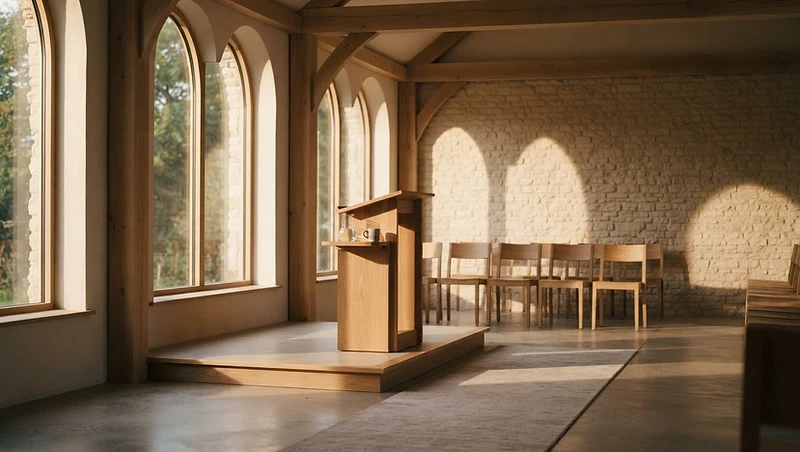 A simple wooden podium in a quiet sunlit gathering room