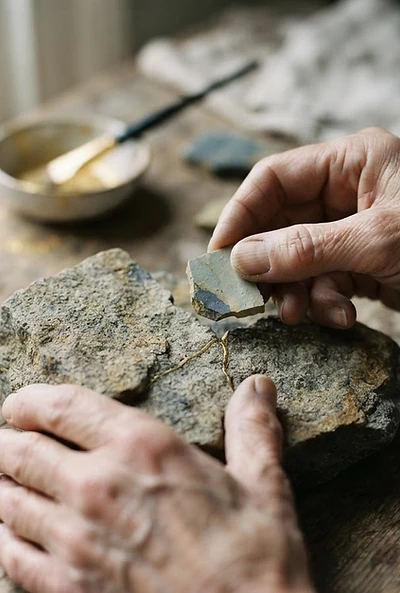 Hands carefully reconstructing fractured stone with a restored gold seam