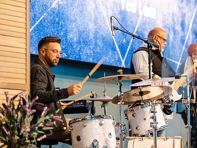 The worship band plays together during a Sunday morning service