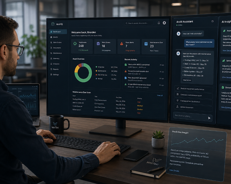 ArxHQ asset management dashboard with AI assistant, anomaly detection, predictive maintenance insights, and work-order tracking across a dual-monitor workstation