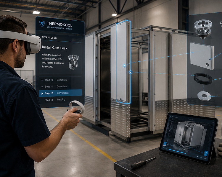 Technician using an AR headset for walk-in cooler assembly training, displaying digital step-by-step instructions and an exploded-view of component parts