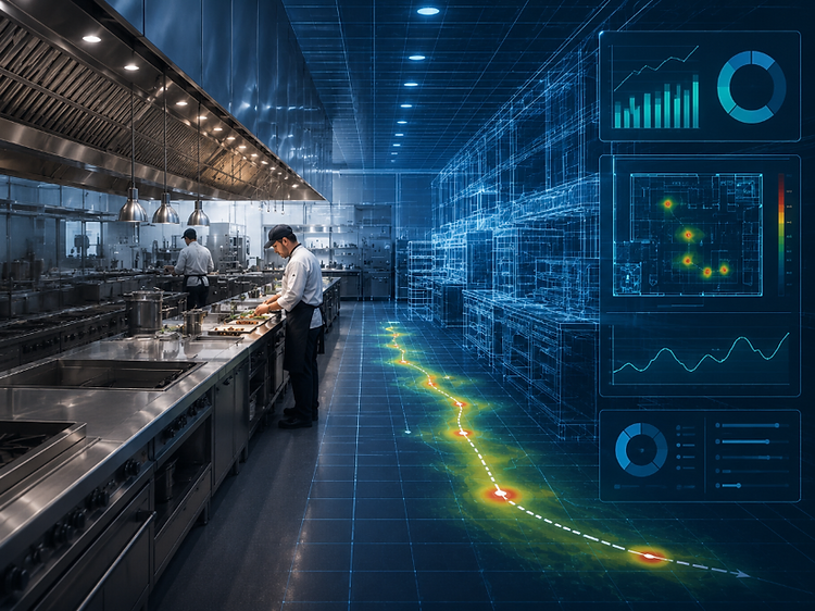 WriTec Solutions digital twin of a professional kitchen with operational analytics, workflow hotspots, and real-time performance dashboards
