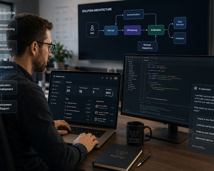 Custom application development workspace showing solution architecture, a project portal dashboard, code editor, and an AI assistant for building features
