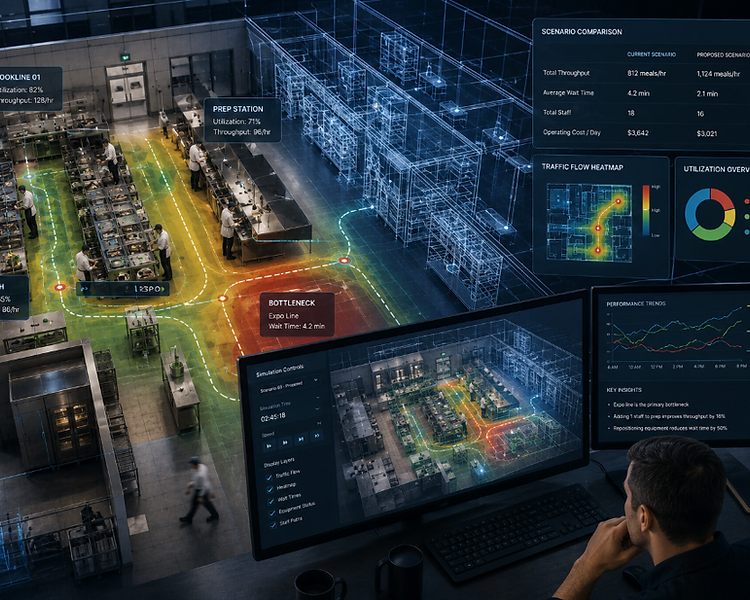 Digital twin of a commercial kitchen showing real-time utilization, throughput, and wait-time analytics with a scenario comparison dashboard and traffic-flow heatmap