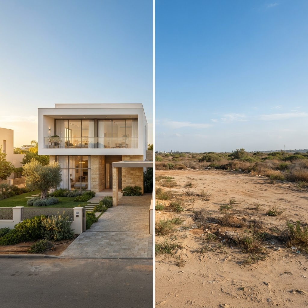 New build: an empty plot and the new two-storey house (ArchHomeAI)
