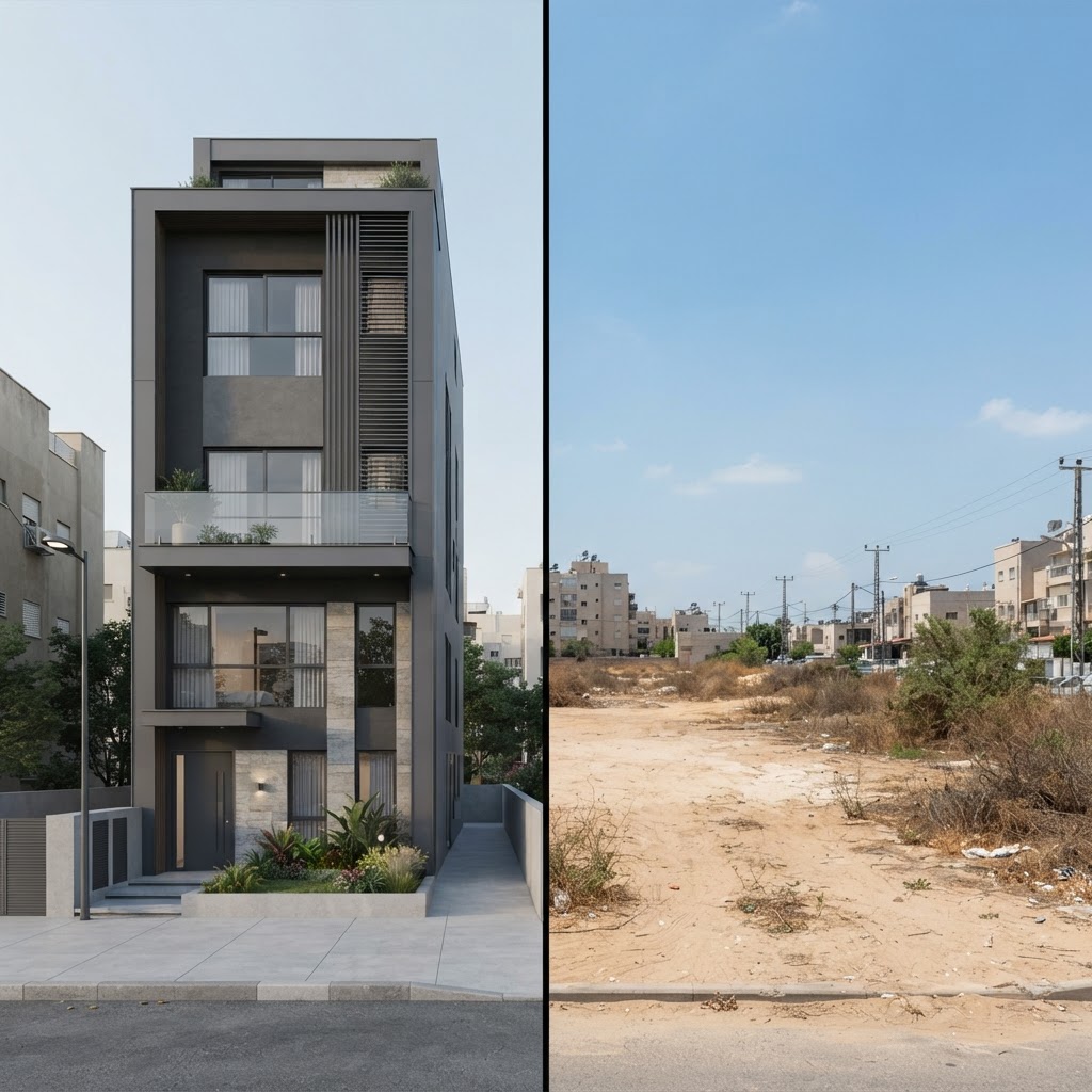 Urban house — New Construction Renderings - Exterior: split image, before on one side and the AI visualization after on the other