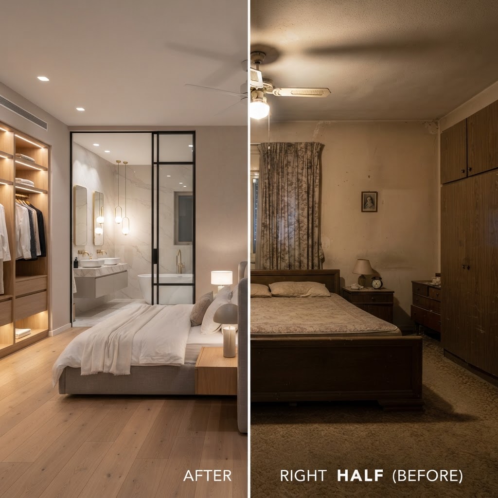 Avron Suite — New Construction Renderings - Interior: split image, before on one side and the AI visualization after on the other
