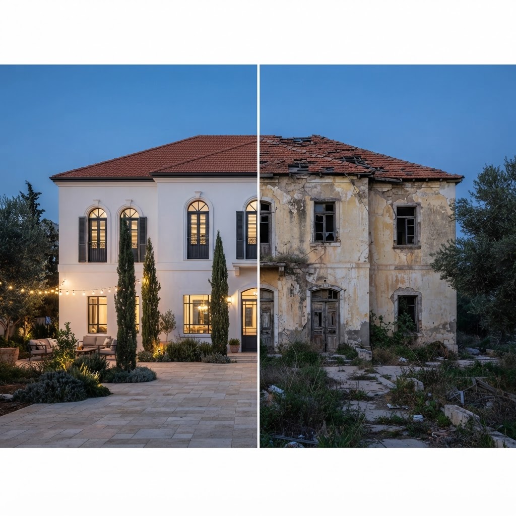 Mediterranean villa — Home Renovation Renderings - Exterior: split image, before on one side and the AI visualization after on the other