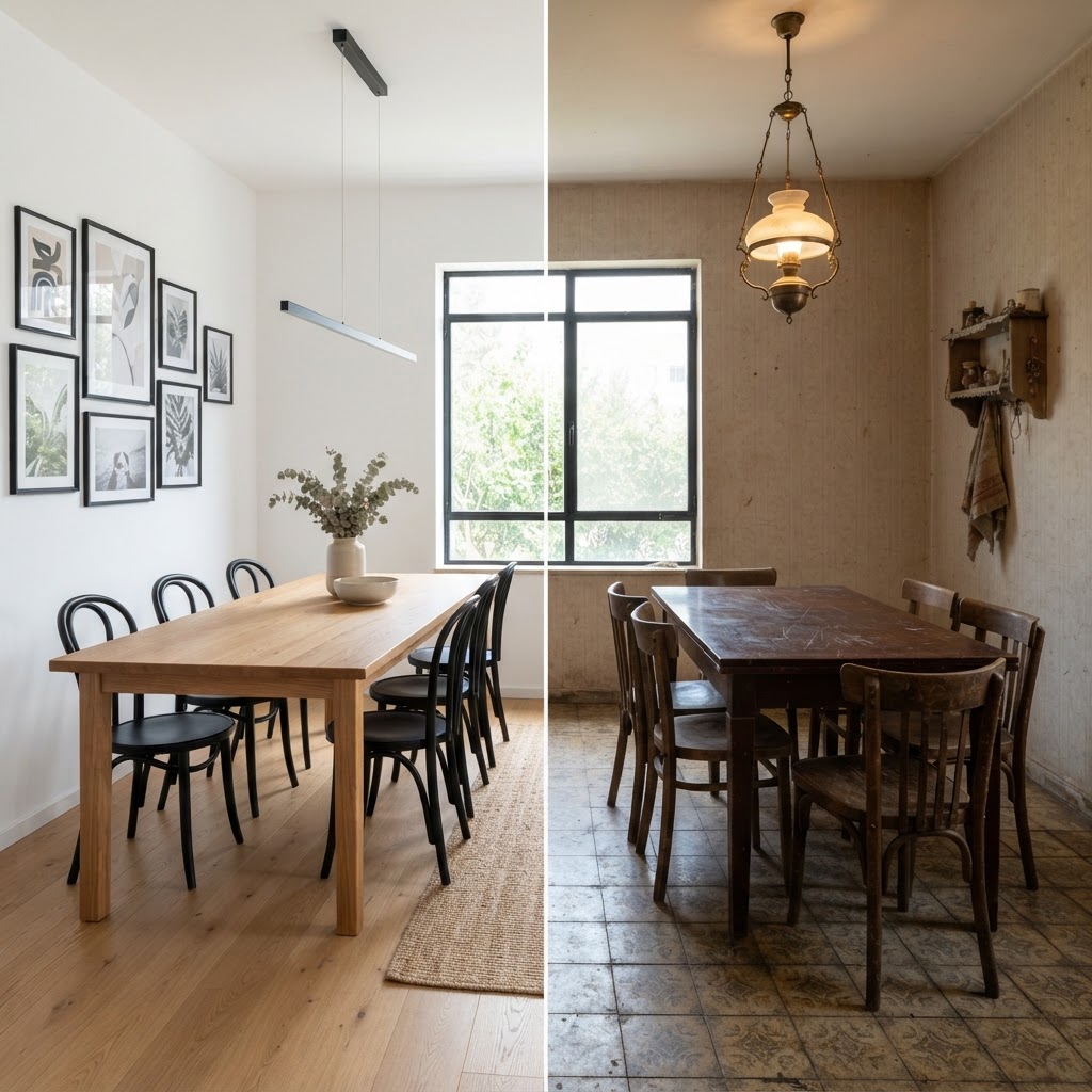 Dining area — New Construction Renderings - Interior: split image, before on one side and the AI visualization after on the other