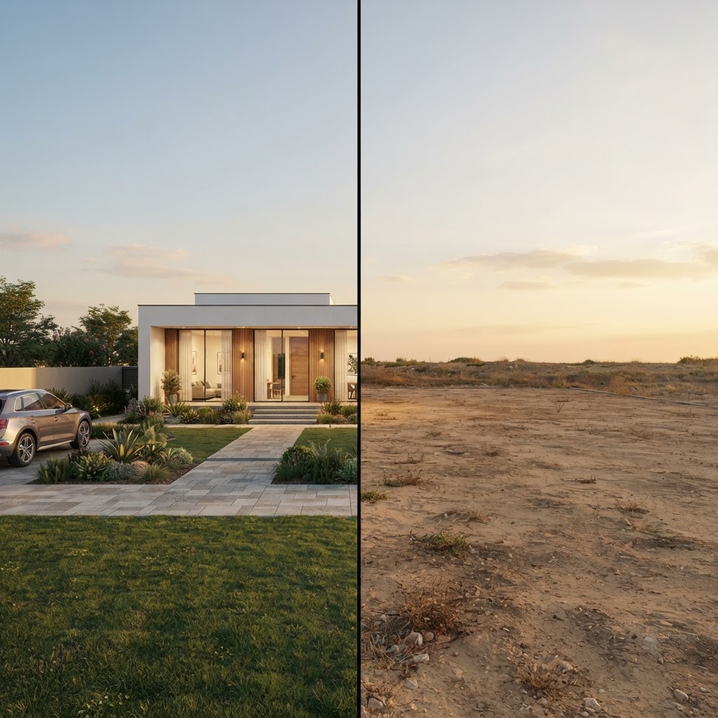 Single-story private house — New Construction Renderings - Exterior: split image, before on one side and the AI visualization after on the other