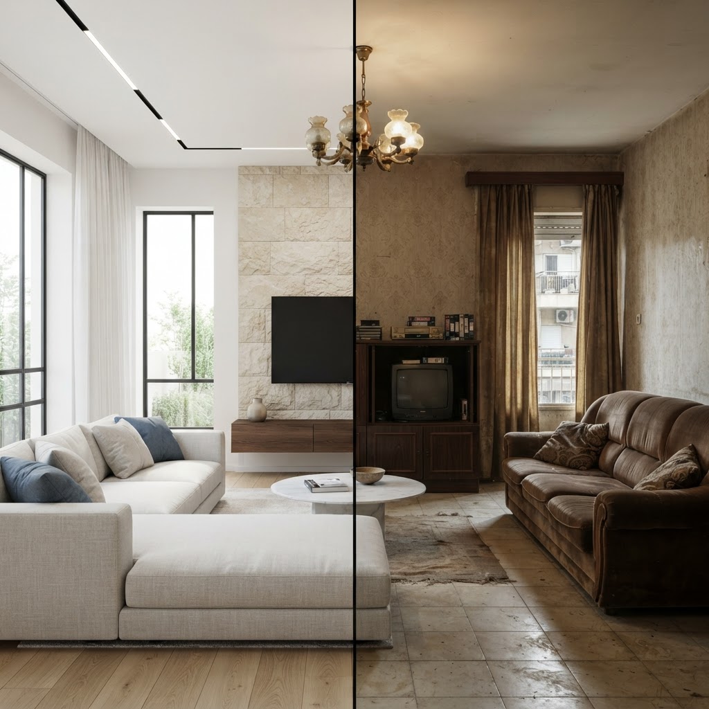 Living room — New Construction Renderings - Interior: split image, before on one side and the AI visualization after on the other