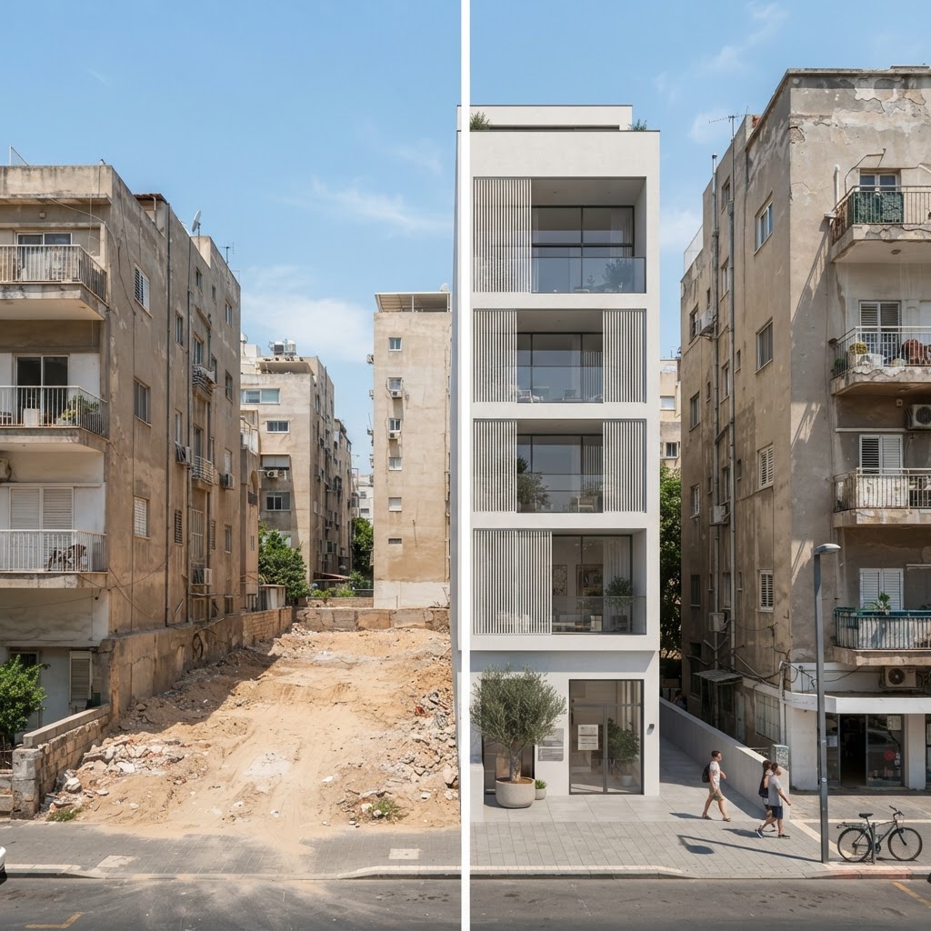 4-story urban house — New Construction Renderings - Exterior: split image, before on one side and the AI visualization after on the other