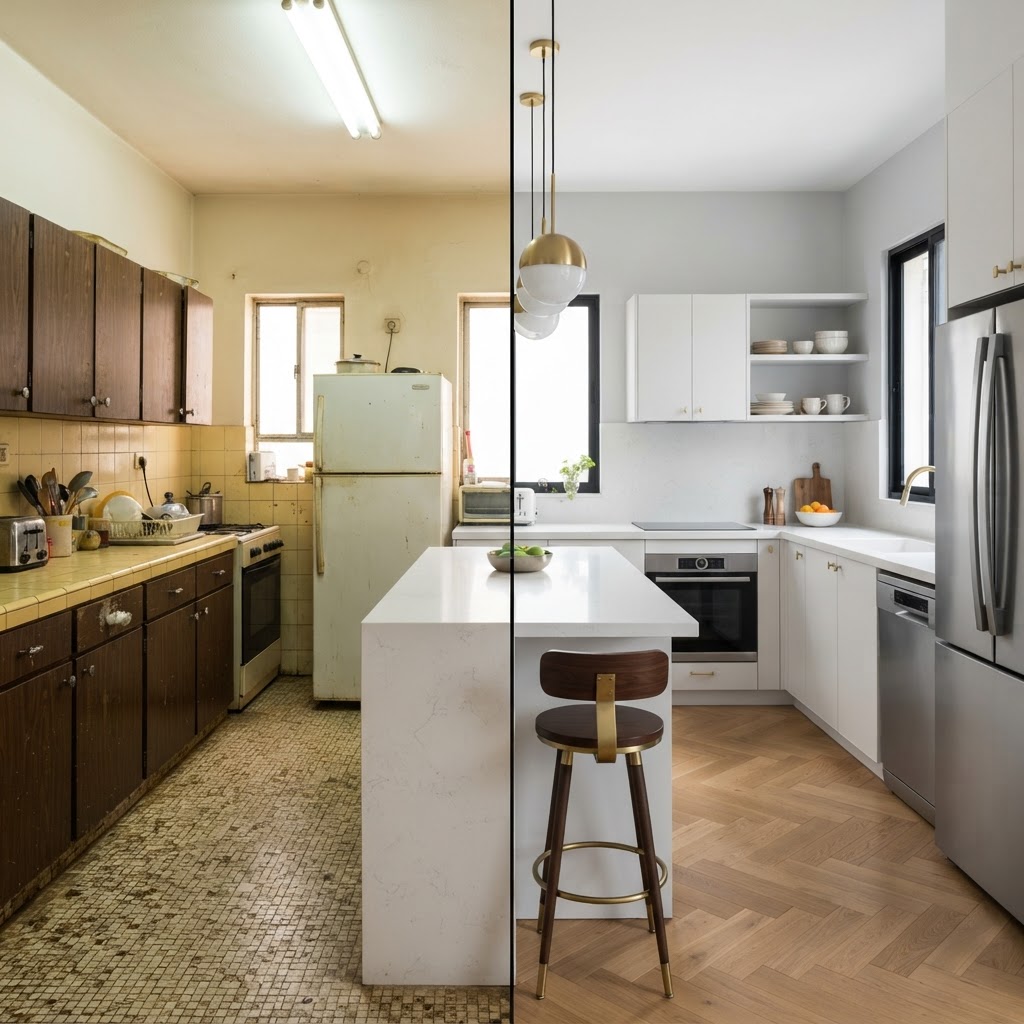 Kitchen — New Construction Renderings - Interior: split image, before on one side and the AI visualization after on the other