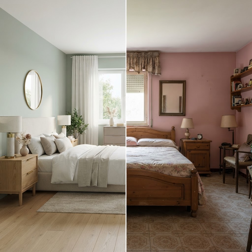 Bedroom — New Construction Renderings - Interior: split image, before on one side and the AI visualization after on the other