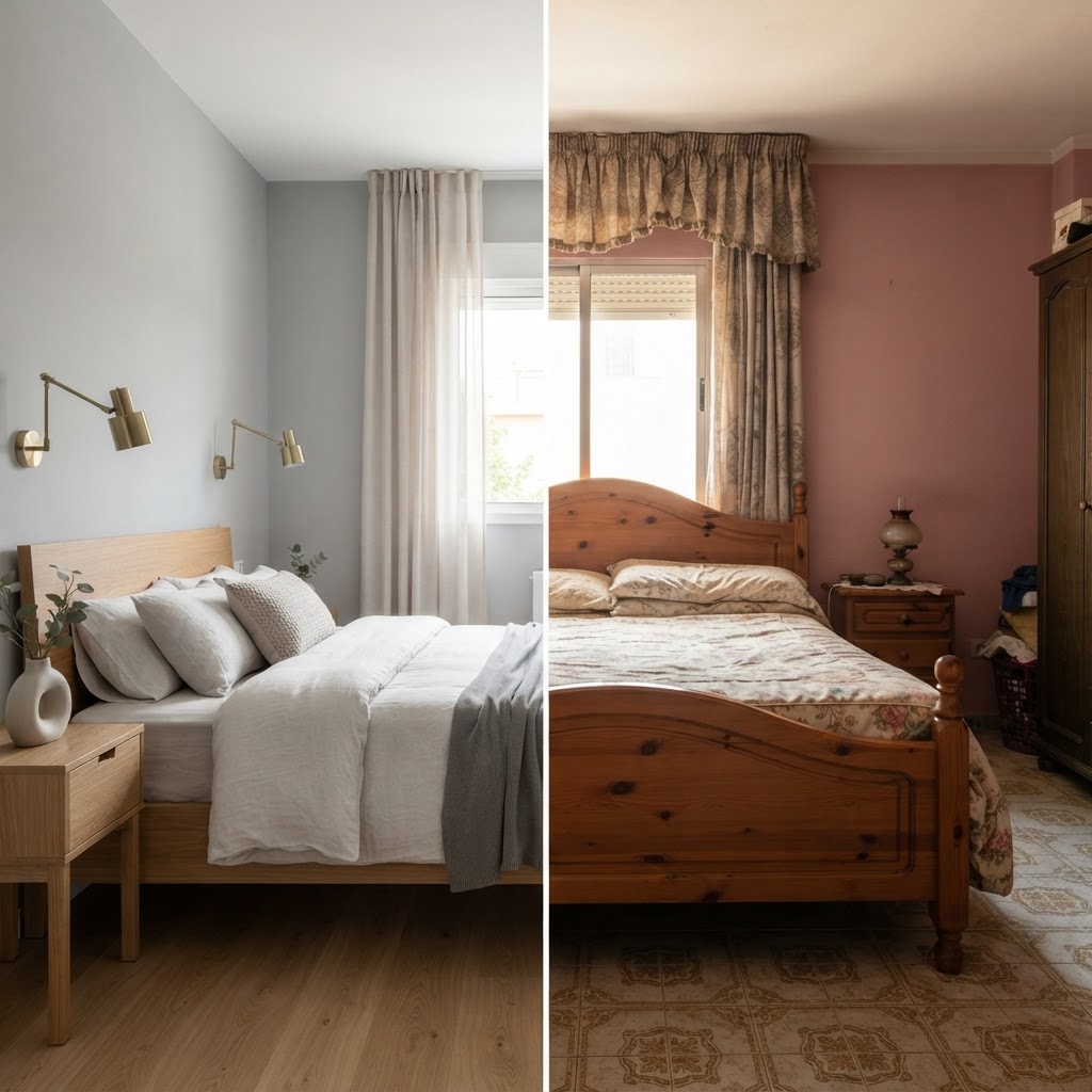 Bedroom — Home Renovation Renderings - Interior: split image, before on one side and the AI visualization after on the other