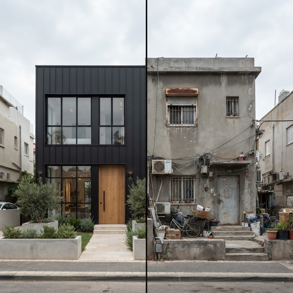 Urban ground-floor house — Home Renovation Renderings - Exterior: split image, before on one side and the AI visualization after on the other